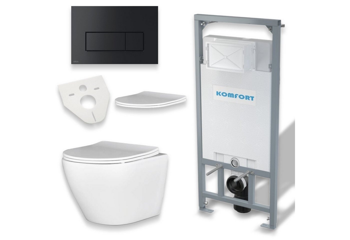 KOLMAN Vorwandelement WC SET: Wand-WC Desna Weiß + C201 + Betätigungsplatte Schwarz, 9 l, inkl. Slim WC-Sitz mit Soft-close und Schallschutzmatte von KOLMAN