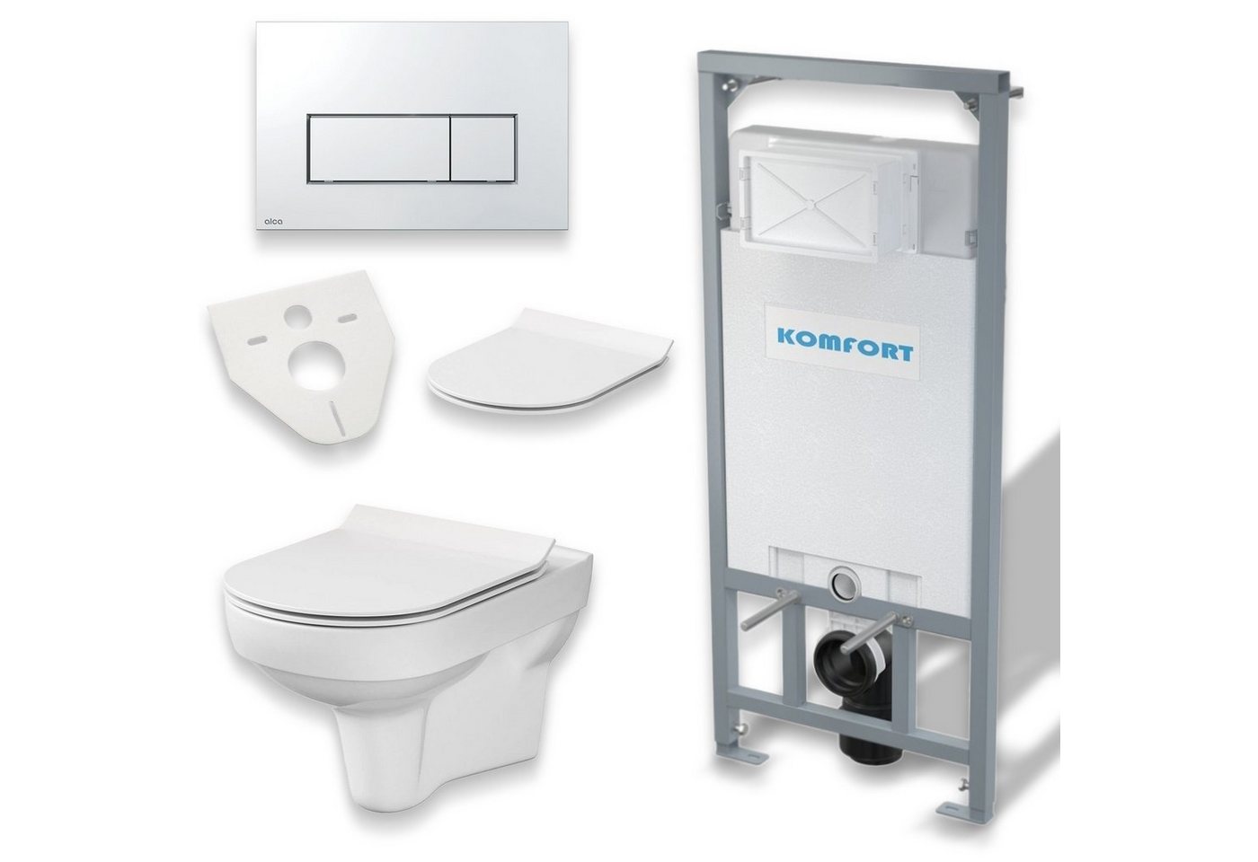KOLMAN Vorwandelement WC SET: Wand-WC New City CleanOn Weiß + C201 + Betätigungsplatte Chrom, 9 l, inkl. Slim WC-Sitz mit Soft-close und Schallschutzmatte von KOLMAN