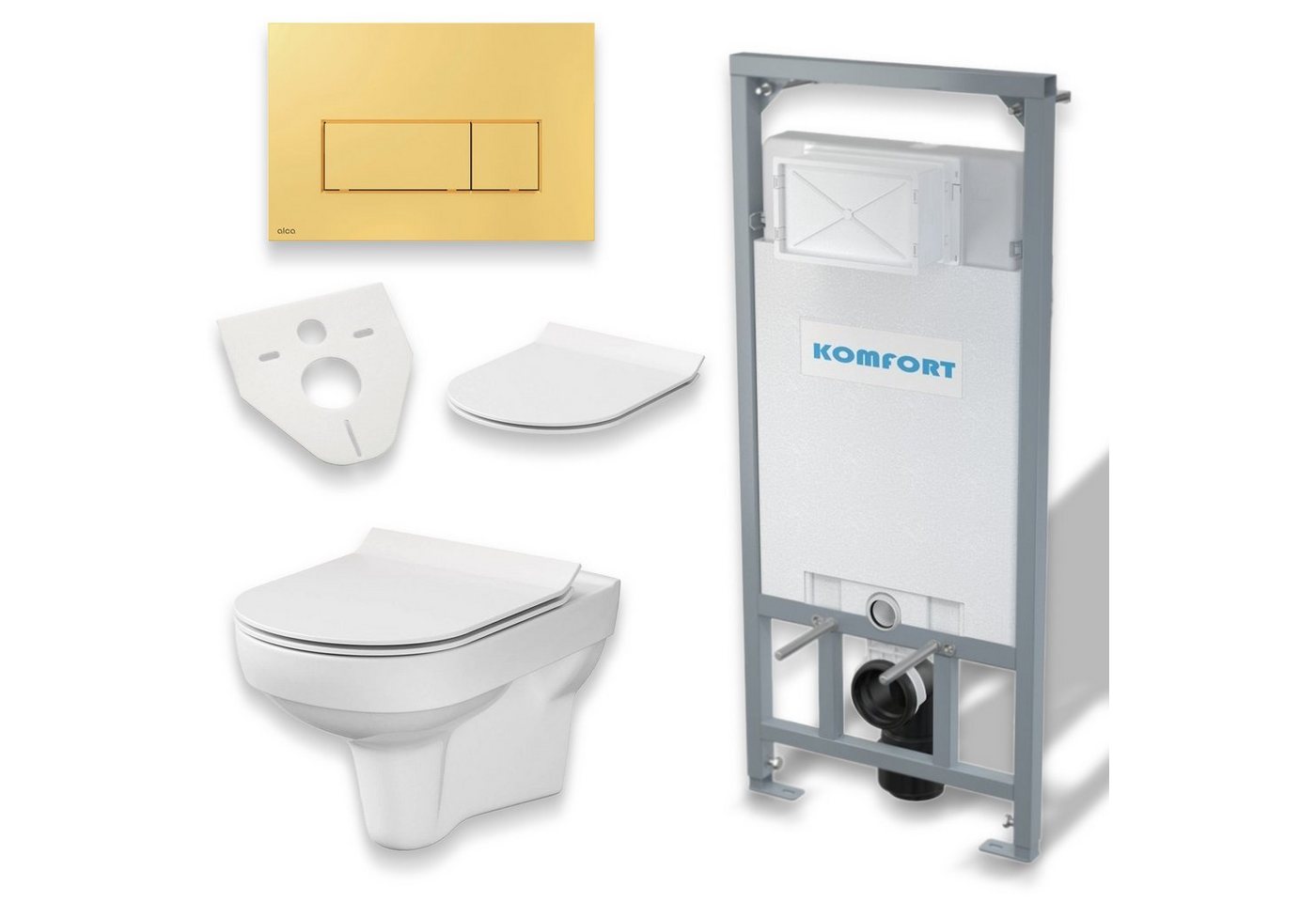 KOLMAN Vorwandelement WC SET: Wand-WC New City CleanOn Weiß + C201 + Betätigungsplatte Gold, 9 l, inkl. Slim WC-Sitz mit Soft-close und Schallschutzmatte von KOLMAN