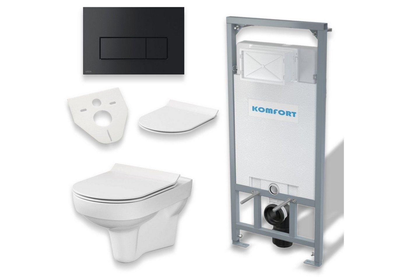 KOLMAN Vorwandelement WC SET: Wand-WC New City CleanOn Weiß + C201 + Betätigungsplatte Schwarz, 9 l, inkl. Slim WC-Sitz mit Soft-close und Schallschutzmatte von KOLMAN