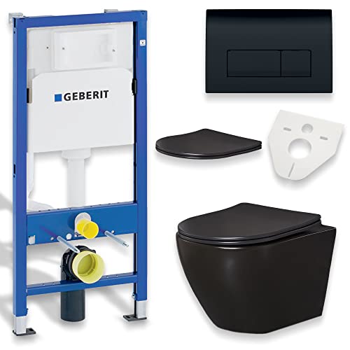 KOLMAN WC Set: Geberit Duofix Basic UP 100 Vorwandelement + Wand-WC Delos Schwarz + Drückerplatte Delta50 Schwarz + Slim Duroplast WC-Sitz mit Soft-close + Schallschutzmatte von KOLMAN