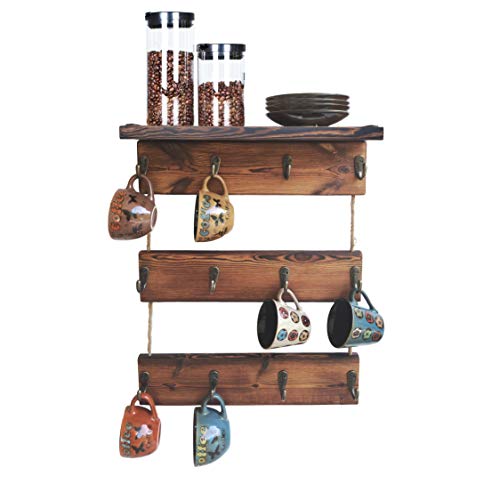 KOLYMAX 12 Haken Kaffeebecher Halter Massivholz Becherhalter Rack mit Regal Kaffee Bar Tasse Display Rustikale Küche Aufbewahrungsregal für Bauernhaus Dekor 3 Krawatten von KOLYMAX
