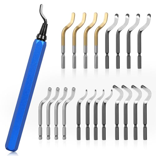 KOMABLEN 21 Stück Entgrater Metall Werkzeug Universal, Handentgrater mit 20 Schnellarbeitsstahl Klingen, 360°Rotierender Deburring Tool 3d Drucker Zubehör für Kunststoff, Aluminium, Edelstahl von KOMABLEN