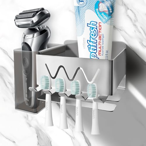 KOMABLEN Zahnbürstenhalter Elektrische Zahnbürste ohne Bohren, 304 Edelstahl Toothbrush Holder mit Hängende Aufbewahrungsbox, Selbstklebend Aufsteckbürsten Halter für 4er elektrische Zahnbürstenkopf von KOMABLEN
