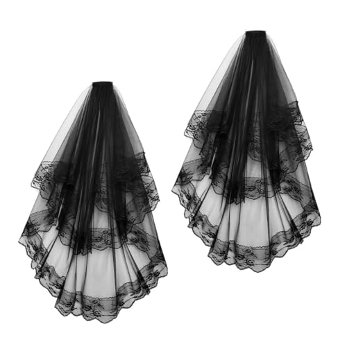 KOMBIUDA 2 Stück Eleganter Schwarzer Brautschleier mit Kamm Doppellagiger Spitzenrand Atmungsaktives Knitterfreies Tüllmaterial Geeignet für Hochzeiten Halloween Gothic Vintage stil von KOMBIUDA