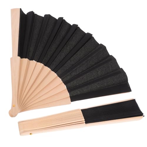KOMBIUDA 2 Stück Holzlüfterstoff Faltlüfter Tragbarer Lüfter Falten Gefaltet Handventilator Handgebläse Retro Faltbar Lackiert Tanzende Fan-requisiten Faltfächern Feiern Polyester Schwarz von KOMBIUDA