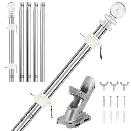 KOMCLUB Fahnenmast aus Edelstahl Silber mit Fahnenmasthalter aus Edelstahl, Edelstahl 180 cm Fahnenstange kit mit Halterung mit Drehbaren Ringen/Silber Basis von KOMCLUB