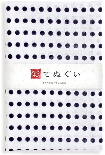 KOMESICHI irodori Japanisches traditionelles Handtuch, Tenugui, Marineblau, gepunktet, 33 x 88 cm, mit Tenugui Iroha (englisches Handbuch) von KOMESICHI
