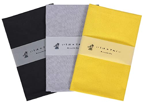 KOMESICHI irodori Japanisches traditionelles Handtuch, Tenugui, einfarbig, Muster C (dunkelschwarz, grau, gelb) mit Ausfransverhinderung, 3er-Set mit Tenugui Iroha (Englisches Handbuch) von KOMESICHI