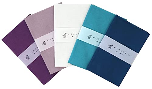 KOMESICHI irodori Japanisches traditionelles Handtuch Tenugui Farbe einfarbiges Muster B (lila, grauviolett, hellgrau, blaugrün, indigoblau), 5 Stück mit Tenugui Iroha (englische Anleitung) von KOMESICHI