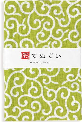 KOMESICHI irodori Japanisches traditionelles Handtuch Tenugui Karakusa (hellgrün) 33 x 88 cm mit Tenugui Iroha (englisches Handbuch) ohne Ausfransen von Lupsty