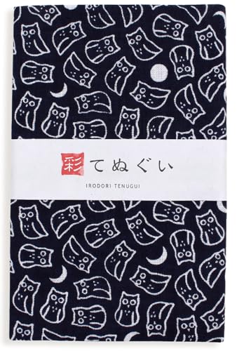 KOMESICHI irodori Japanisches traditionelles Handtuch Tenugui Mond Eule 33 x 88 cm mit Tenugui Iroha (englisches Handbuch) von KOMESICHI