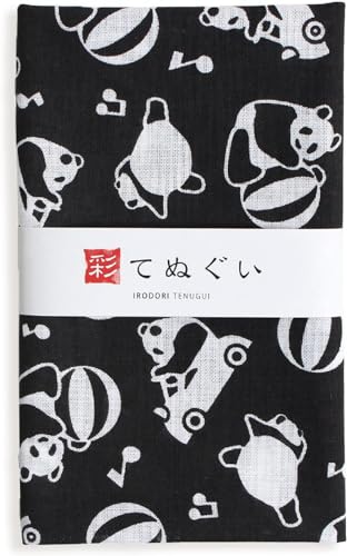 KOMESICHI irodori Japanisches traditionelles Handtuch Tenugui Panda (schwarz), 33 x 88 cm, mit Tenugui Iroha (englisches Handbuch) von KOMESICHI