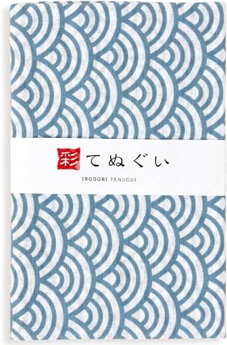 KOMESICHI irodori Japanisches traditionelles Handtuch Tenugui Seigaiha (hellblau), 33 x 88 cm, mit Tenugui Iroha (englisches Handbuch), TE-06 von KOMESICHI