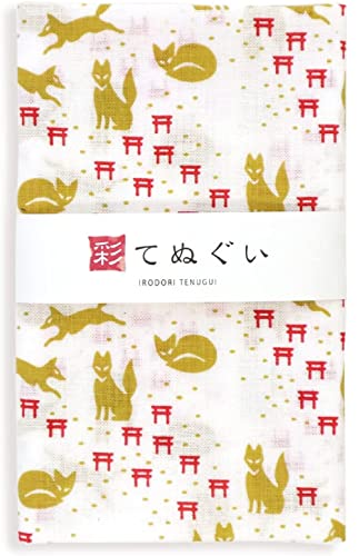 KOMESICHI irodori Traditionelles japanisches Handtuch, Tenugui Fuchs und Torii, 33 x 88 cm, mit Tenugui Iroha (Englisches Handbuch) von KOMESICHI
