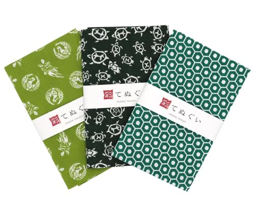 irodori Japanisches Trachtenhandtuch Tenugui Glücksmuster grün mit Ausfransenschutz Verarbeitung 3er Set mit Tenugui Iroha irodori Japanisches Trachtenhandtuch Tenugui Glücksmuster grün mit Ausfransenschutz Verarbeitung 3er Set mit Tenugui Iroha von KOMESICHI