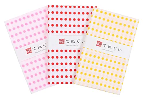 irodori Traditionelles japanisches Handtuch Tenugui Dot Pattern A mit Ausfransvorbeugung Verarbeitung 3er Set mit Tenugui Iroha (Englisches Handbuch) von KOMESICHI