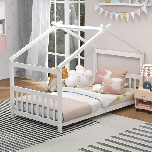 KOMFOTT Twin Wood House Bed for Kids Low Profile Floor Bed Frame with Roof, Headboard & Footboard, Tent Bed for Toddlers, Boys & Girls, Wood Montessori Bed, No Boxspring Needed (White) von KOMFOTT