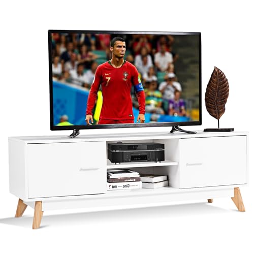 KOMFOTTEI TV-Schrank bis 65 Zoll, Fernsehtisch aus Holz, multifunktionaler Fernsehschrank mit 2 offenen Fächern und 2 Türen, TV Lowboard 140 x 40 x 48 cm, Weiß von KOMFOTTEU