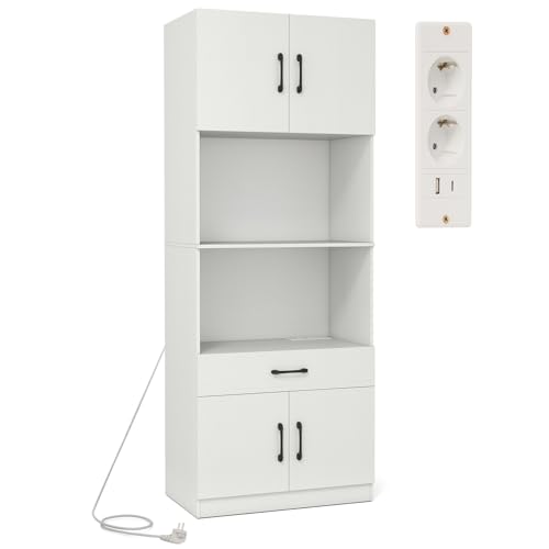 KOMFOTTEU 168 cm Küchenschrank mit Ladestation, Buffetschrank mit verstellbarem Regal, Vorratsschrank mit Schublade, Arbeitsplatte, Küchenbuffet Hochschrank Weiß von KOMFOTTEU