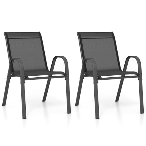KOMFOTTEU 2/4er Set Gartenstühle, Stapelstühle aus Stoff mit Metallrahmen, Balkonstühle stapelbar mit Armlehnen und hoher Rückenlehne, Terrassenstühle 56 x 70 x 84 cm (2, Schwarz) von KOMFOTTEU