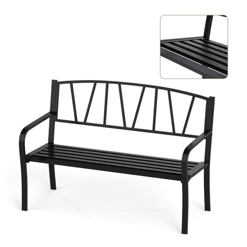KOMFOTTEU 2 Sitzer Gartenbank, Parkbank mit Rückenlehne & Armlehnen, Sitzbank aus Metall bis 300 kg belastbar, Außenbank für Balkon Garten Terrasse, Schwarz (Modell 4, 128x60x86cm) von KOMFOTTEU