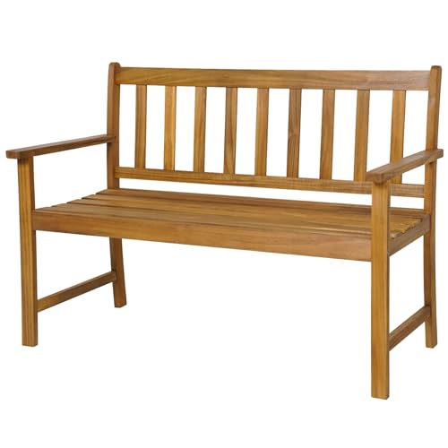 KOMFOTTEU 2 Sitzer Gartenbank, Sitzbank aus Akazienholz, Außenbank mit Rückenlehne und Armlehnen, Parkbank bis 360 kg belastbar für Balkon Garten Terrasse, Natur (122x56,5x86cm) von KOMFOTTEU
