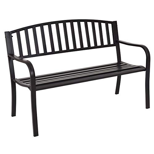 KOMFOTTEU 2 Sitzer Stahlbank, Gartenbank mit Rückenlehne & Armlehnen, Sitzbank bis 280 kg belastbar, Ruhebank für Garten Balkon Terrasse, 127 x 60 x 87 cm, Schwarz von KOMFOTTEU