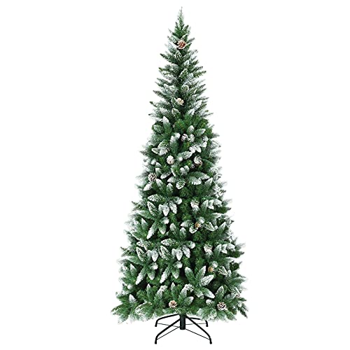 KOMFOTTEU 220 cm künstlicher Weihnachtsbaum, Christbaum mit 39 Tannenzapfen & 720 Zweigspitzen mit Schnee, Tannenbaum mit faltbarem Metallständer für Zuhause Büro Geschäfte, Grün von KOMFOTTEU