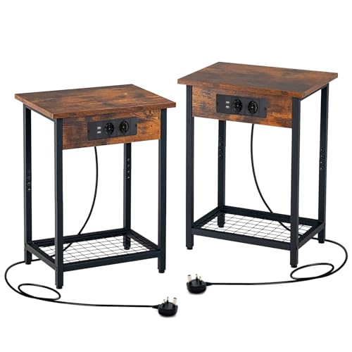KOMFOTTEU 2er Nachttisch mit Ladestation, Nachtschrank mit 2 USB Anschlüssen & 2 Steckdosen, Beistelltisch mit offene Ablage für Wohnzimmer Schlafzimmer, 40x30x54 cm Industrie-Stil von KOMFOTTEU