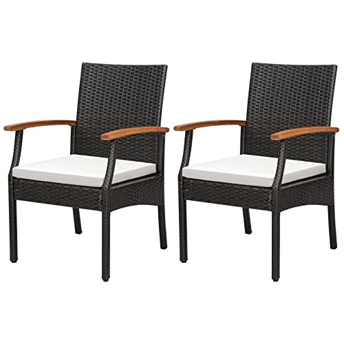 KOMFOTTEU 2er Rattan Gartenstuhl Set, Terrassenstuhl mit Armlehnen aus Holz, Rattanstuhl mit abnehmbarem Kissen & Rückenlehne, Balkonstuhl bis 180 kg belastbar für Balkon Terrasse von KOMFOTTEU