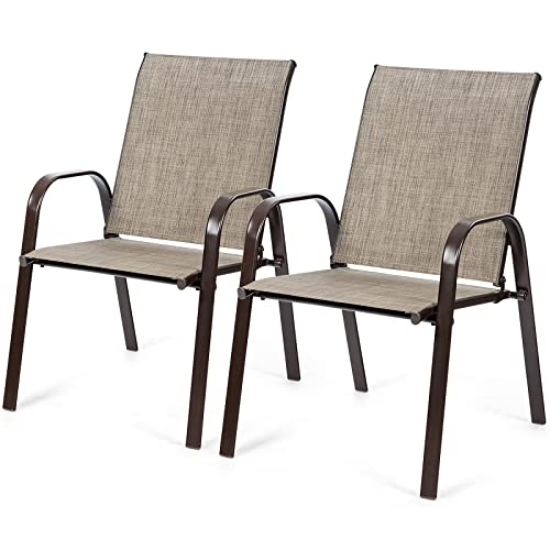 KOMFOTTEU 2er Set Gartenstühle, Balkonstühle mit Armlehnen & hoher Rückenlehne, Terrassenstühle aus Metallrahmen, Essstühle für Patio, Terrasse (Grau) von KOMFOTTEU
