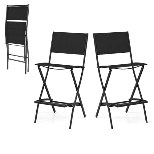 KOMFOTTEU 2er Set Gartenstühle, Barstühle klappbar mit Fußstütze, Barhocker Tresenhocker bis 150kg, Klappstühle für Balkon, Garten (Schwarz) von KOMFOTTEU