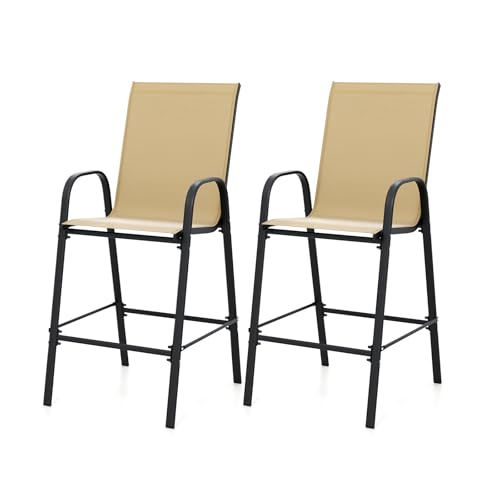 KOMFOTTEU 2er Set Gartenstühle, Barstühle mit Rückenlehne & Armlehnen, Barhocker aus Stoff, Tresenhocker für Garten, Balkon, Terrasse, 62 x 76 x 130 cm, Beige von KOMFOTTEU