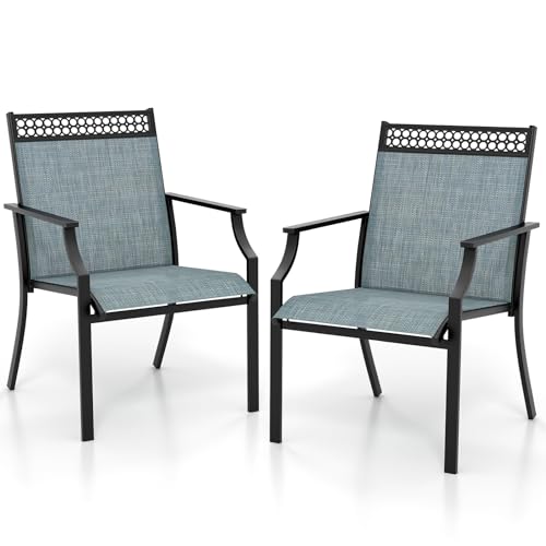 KOMFOTTEU 2er Set Gartenstühle, Terrassenstühle mit Armlehnen, Balkonstühle aus Metallrahmen bis 150 kg belastbar, Essstühle für Patio, Terrasse (Blau) von KOMFOTTEU