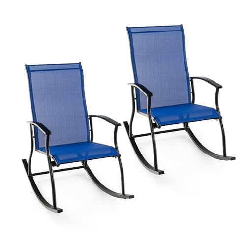 KOMFOTTEU 2er Set Schaukelstühle aus Netzstoff, Gartenstühle mit hoher Rückenlehne & Armlehnen, Balkonstühle bis 150 kg, Terassenstühle für Garten, Pool, Blau von KOMFOTTEU