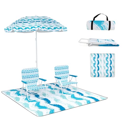 KOMFOTTEU 2er Set Strandstühle klappbar mit 175 cm Sonnenschirm neigbar & Strandmatte, Campingstühle bis 150 kg, Klappstühle mit Rückentasche & Tragetasche, für Strand, Picknick (Blau) von KOMFOTTEU