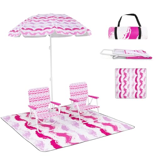 KOMFOTTEU 2er Set Strandstühle klappbar mit 175 cm Sonnenschirm neigbar & Strandmatte, Campingstühle bis 150 kg, Klappstühle mit Rückentasche & Tragetasche, für Strand, Picknick (Rosa) von KOMFOTTEU