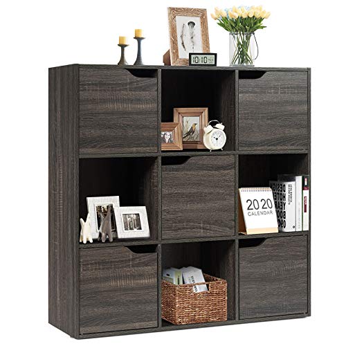 KOMFOTTEU 3 Ebenen Bücherregal, Bücherschrank mit 9 Fächern, Würfelregal freistehend, Standregal Büroregal mit Magnetverschuss, Aktenregal 90 x 29 x 90 cm (Dunkelgrau) von KOMFOTTEU