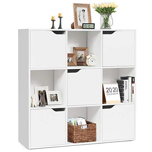 KOMFOTTEU 3 Ebenen Bücherregal, Bücherschrank mit 9 Fächern, Würfelregal freistehend, Standregal Büroregal mit Magnetverschuss, Aktenregal 90 x 29 x 90 cm (Weiß) von KOMFOTTEU