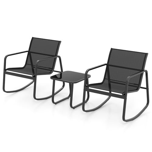 KOMFOTTEU 3 TLG. Balkonset, Bistro-Set mit 2 Schaukelstühle und Tisch, Garten Sitzgruppe aus Textilene-Stoff, Gartengarnitur Gartenmöbel Set für Terrasse Balkon (Schwarz) von KOMFOTTEU