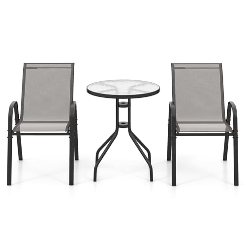 KOMFOTTEU 3 TLG. Bistro Set, Gartenmöbel Set inkl. Gartentisch mit Schirmloch & 2 Klappstühle, Balkonset Gartengarnitur für Garten Balkon (Grau) von KOMFOTTEU
