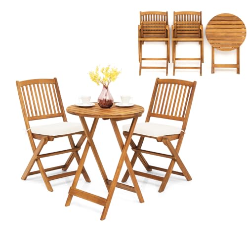 KOMFOTTEU 3 teilig Balkonmöbel, Balkonset klappbar, Gartenmöbel-Set mit 1 Tisch & 2 Stühlen, Sitzgarnitur mit 2 Kissen, Sitzgruppe Bistroset für Balkon, Garten (Beige Kissen) von KOMFOTTEU