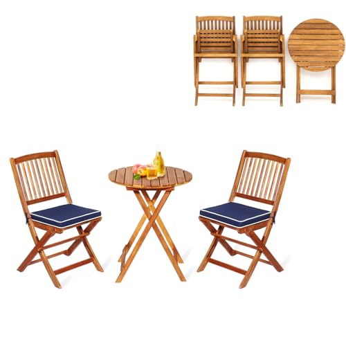 KOMFOTTEU 3 teilig Balkonmöbel, Balkonset klappbar, Gartenmöbel-Set mit 1 Tisch & 2 Stühlen, Sitzgarnitur mit 2 Kissen, Sitzgruppe Bistroset für Balkon, Garten (Dunkelblau Kissen) von KOMFOTTEU