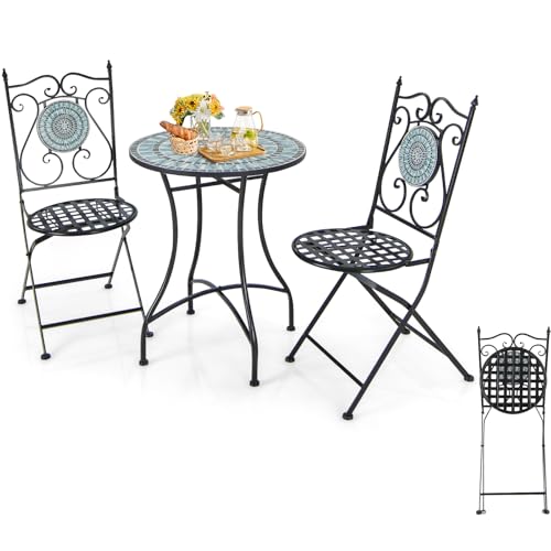 KOMFOTTEU 3 teilig Bistroset mit mosaikmuster, Balkonset klappbar, Gartengarnitur Wetterfest, Outdoor Sitzgruppe für 2 Personen, Gartenmöbel für Terrasse, Balkon (Schwarz) von KOMFOTTEU