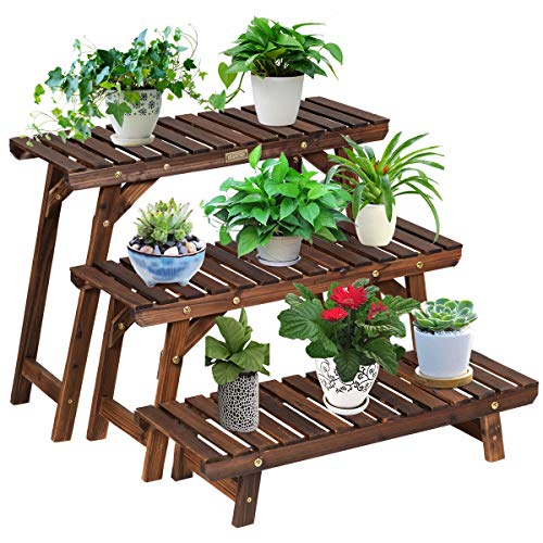 KOMFOTTEU 3 teiliger Pflanzenständer, Blumentreppe aus Holz, mehrstöckige Blumenregale, Blumenleiter mit klassischem Design, abnehmbares Pflanzenregal für Garten Balkon Terrasse, Natur von KOMFOTTEU