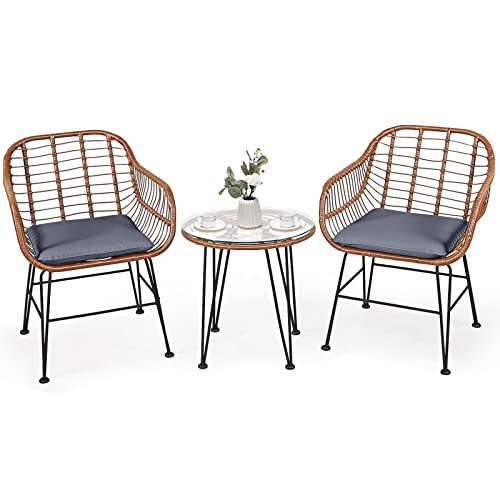 KOMFOTTEU 3-teiliges Bistroset, Gartenmöbel-Set aus Rattan, 2 Rattanstühle mit Kissen & Hartglas-Couchtisch, Balkonset für Balkon Terrasse Garten, Braun von KOMFOTTEU