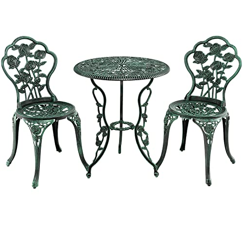 KOMFOTTEU 3 teiliges Gartenmöbel Set, Gartentisch mit 2 Gartenstühle, wetterfestes Bistroset aus Aluminium, Sitzgarnitur mit Rosenmuster für Balkon Garten Terrasse, Bronzegrün von KOMFOTTEU