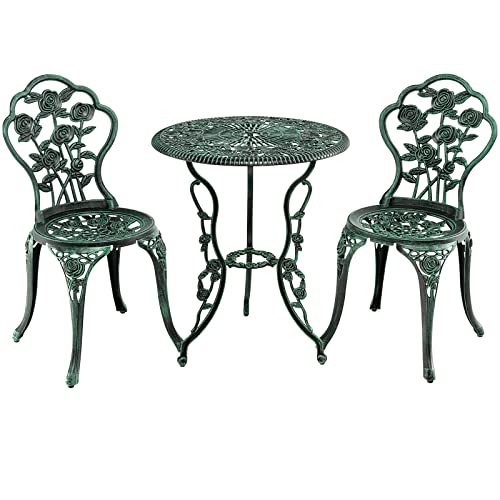 KOMFOTTEU 3 teiliges Gartenmöbel Set, Gartentisch mit 2 Gartenstühle, wetterfestes Bistroset aus Aluminium, Sitzgarnitur mit Rosenmuster für Balkon Garten Terrasse (Bronzegrün) von KOMFOTTEU