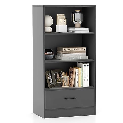 KOMFOTTEU 4 Ebenen Bücherregal, Standregal aus Holz, Bücherschrank mit 1 Schublade, Regal für Büro Wohnzimmer Küche, 60 x 38 x 120 cm (Grau) von KOMFOTTEU